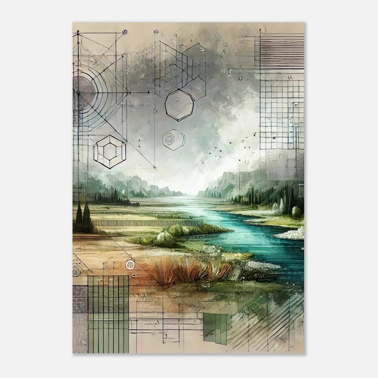 Aluminiumdruck - Geometrische Landschaft - Abstrakter Stil, KI-Kunst, Kreative Vielfalt, 70x100-cm-28x40 - RolConArt