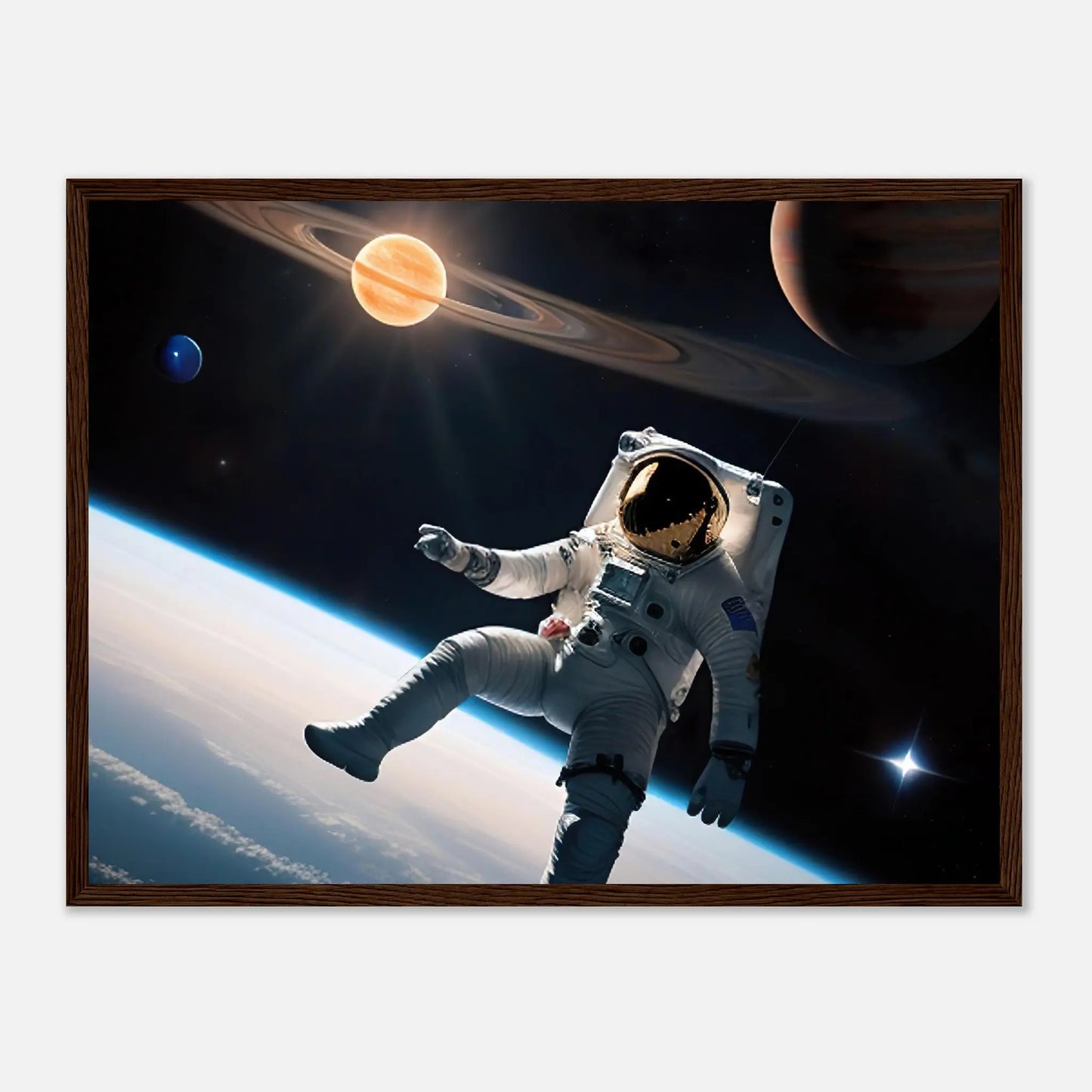 Gerahmtes Premium-Poster - Astronautenabenteuer - 3D-Stil, KI-Kunst, Sci-Fi, 45x60-cm-18x24-Dunkler-Holzrahmen - RolConArt