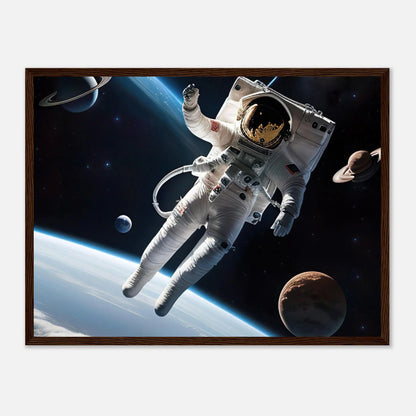 Gerahmtes Premium-Poster - Astronautenabenteuer - 3D-Stil, KI-Kunst, Sci-Fi, 45x60-cm-18x24-Dunkler-Holzrahmen - RolConArt