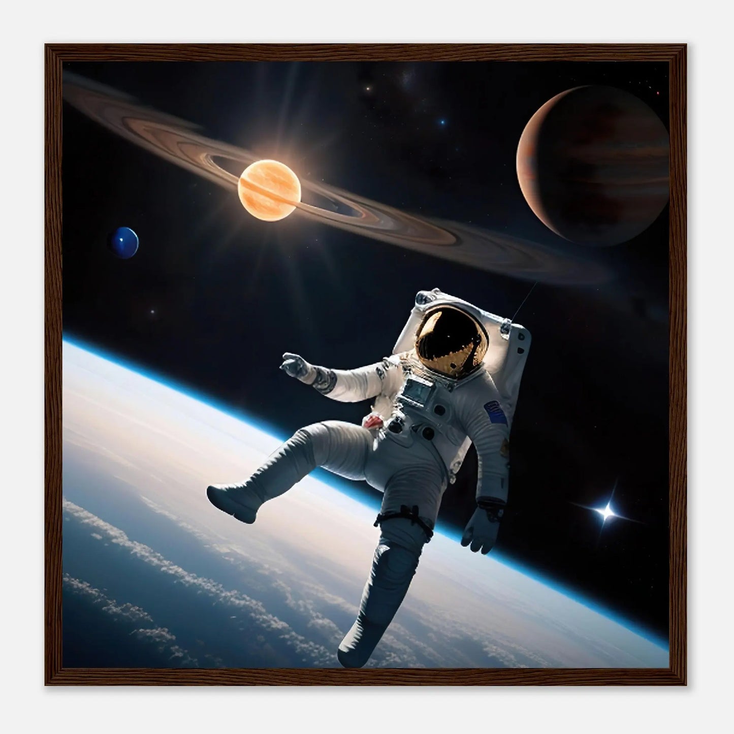 Gerahmtes Premium-Poster - Astronautenabenteuer - 3D-Stil, KI-Kunst, Sci-Fi, 50x50-cm-20x20-Dunkler-Holzrahmen - RolConArt