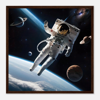 Gerahmtes Premium-Poster - Astronautenabenteuer - 3D-Stil, KI-Kunst, Sci-Fi, 50x50-cm-20x20-Dunkler-Holzrahmen - RolConArt