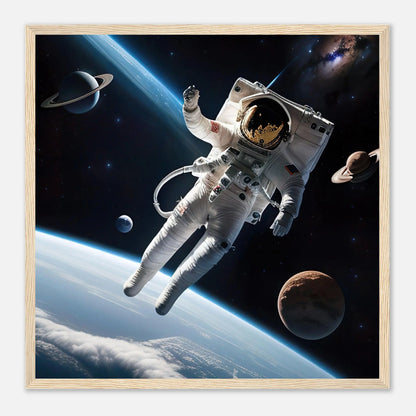 Gerahmtes Premium-Poster - Astronautenabenteuer - 3D-Stil, KI-Kunst, Sci-Fi, 50x50-cm-20x20-Holzrahmen - RolConArt