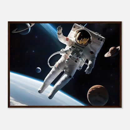 Gerahmtes Premium-Poster - Astronautenabenteuer - 3D-Stil, KI-Kunst, Sci-Fi, 60x80-cm-24x32-Dunkler-Holzrahmen - RolConArt