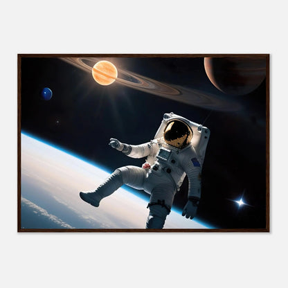 Gerahmtes Premium-Poster - Astronautenabenteuer - 3D-Stil, KI-Kunst, Sci-Fi, 70x100-cm-28x40-Dunkler-Holzrahmen - RolConArt