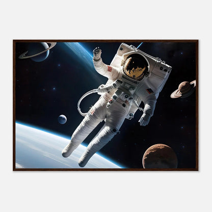 Gerahmtes Premium-Poster - Astronautenabenteuer - 3D-Stil, KI-Kunst, Sci-Fi, 70x100-cm-28x40-Dunkler-Holzrahmen - RolConArt