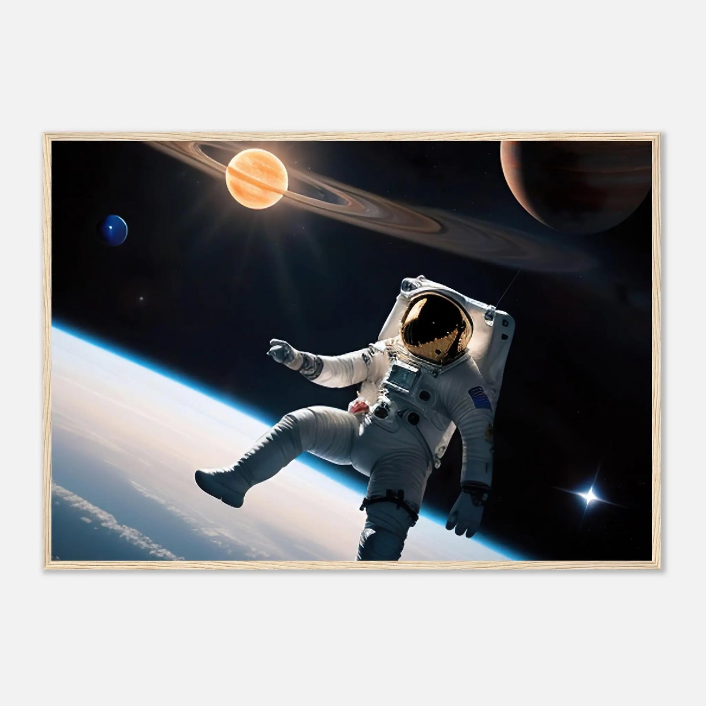 Gerahmtes Premium-Poster - Astronautenabenteuer - 3D-Stil, KI-Kunst, Sci-Fi, 70x100-cm-28x40-Holzrahmen - RolConArt