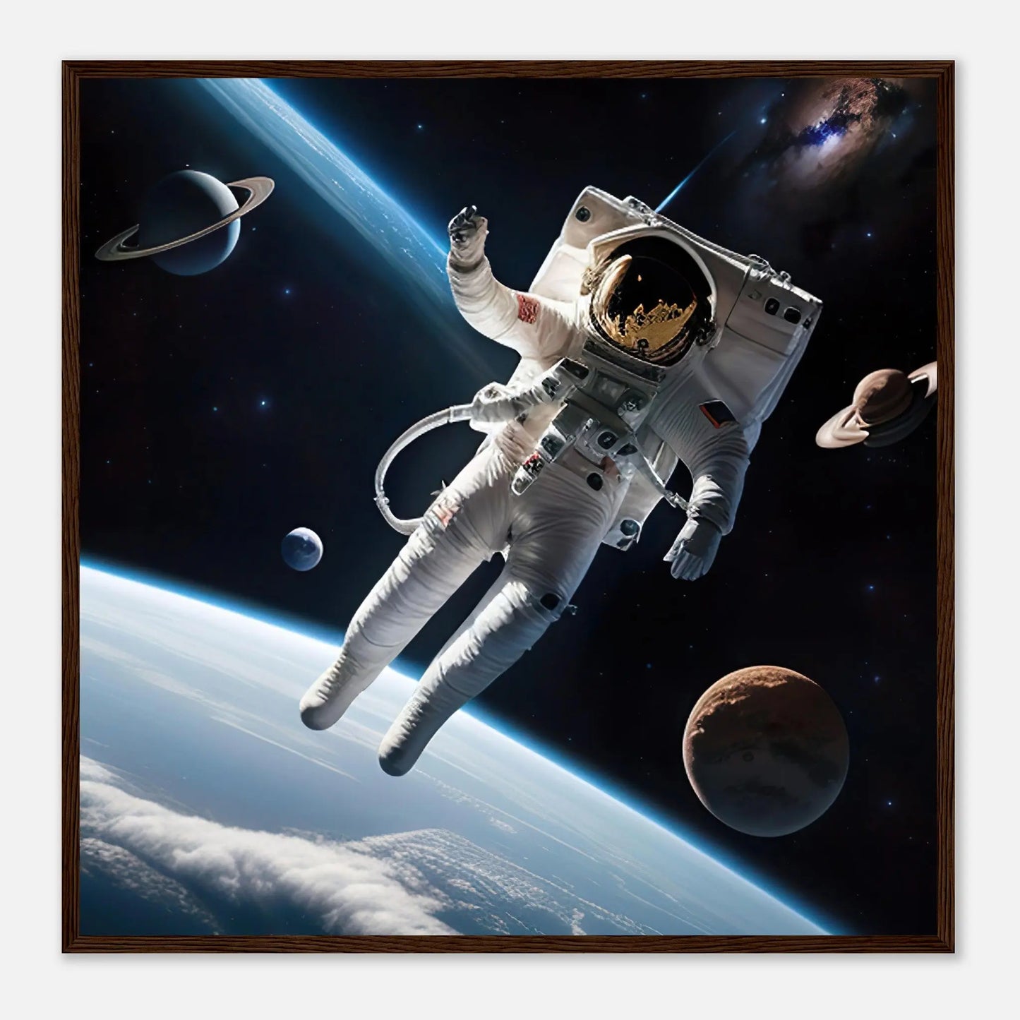 Gerahmtes Premium-Poster - Astronautenabenteuer - 3D-Stil, KI-Kunst, Sci-Fi, 70x70-cm-28x28-Dunkler-Holzrahmen - RolConArt