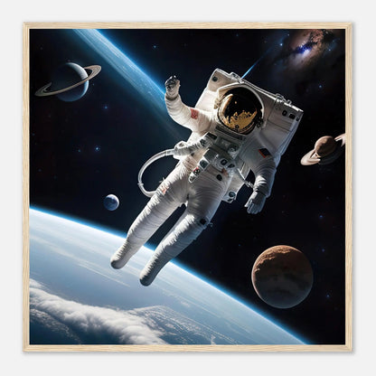 Gerahmtes Premium-Poster - Astronautenabenteuer - 3D-Stil, KI-Kunst, Sci-Fi, 70x70-cm-28x28-Holzrahmen - RolConArt