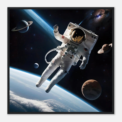 Gerahmtes Premium-Poster - Astronautenabenteuer - 3D-Stil, KI-Kunst, Sci-Fi, 70x70-cm-28x28-Schwarzer-Rahmen - RolConArt