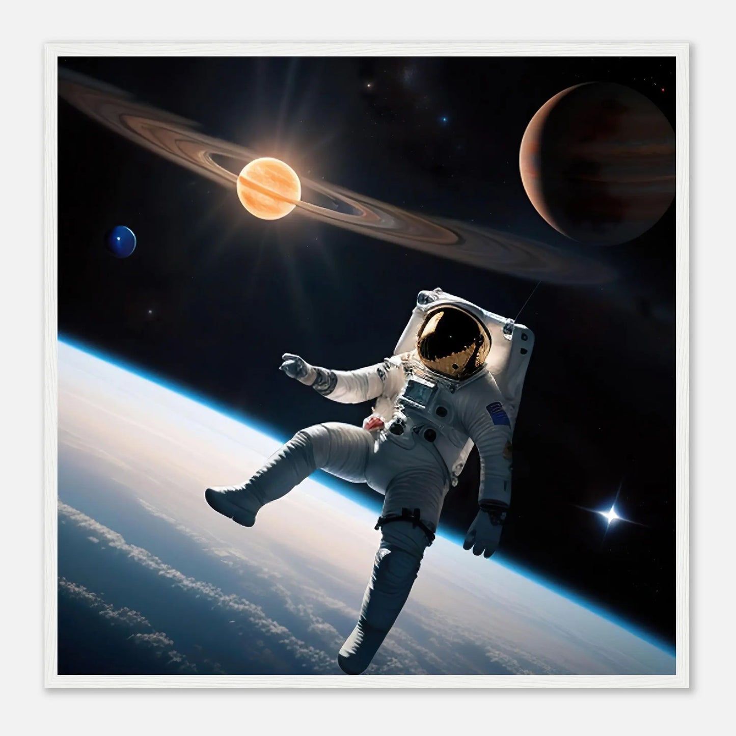 Gerahmtes Premium-Poster - Astronautenabenteuer - 3D-Stil, KI-Kunst, Sci-Fi, 70x70-cm-28x28-Weißer-Rahmen - RolConArt