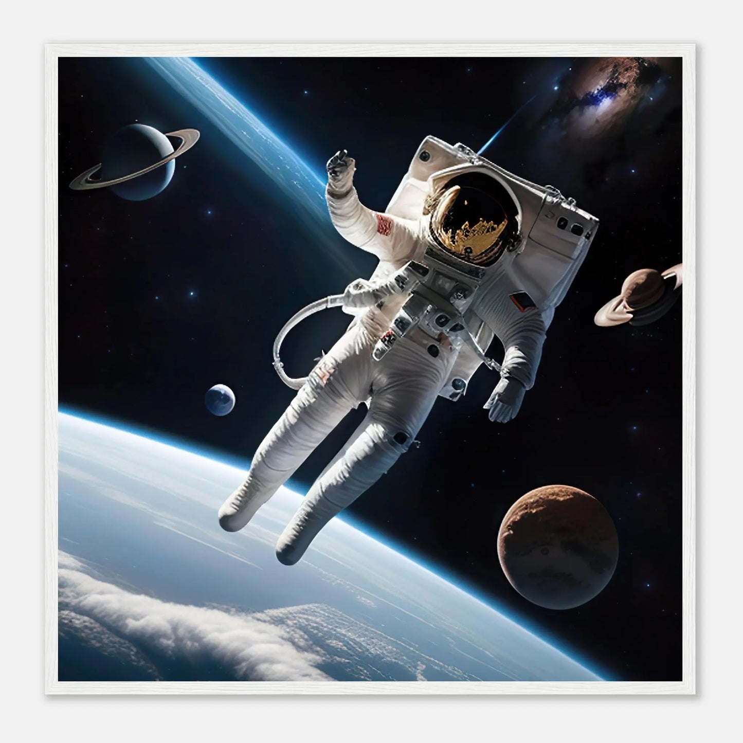 Gerahmtes Premium-Poster - Astronautenabenteuer - 3D-Stil, KI-Kunst, Sci-Fi, 70x70-cm-28x28-Weißer-Rahmen - RolConArt