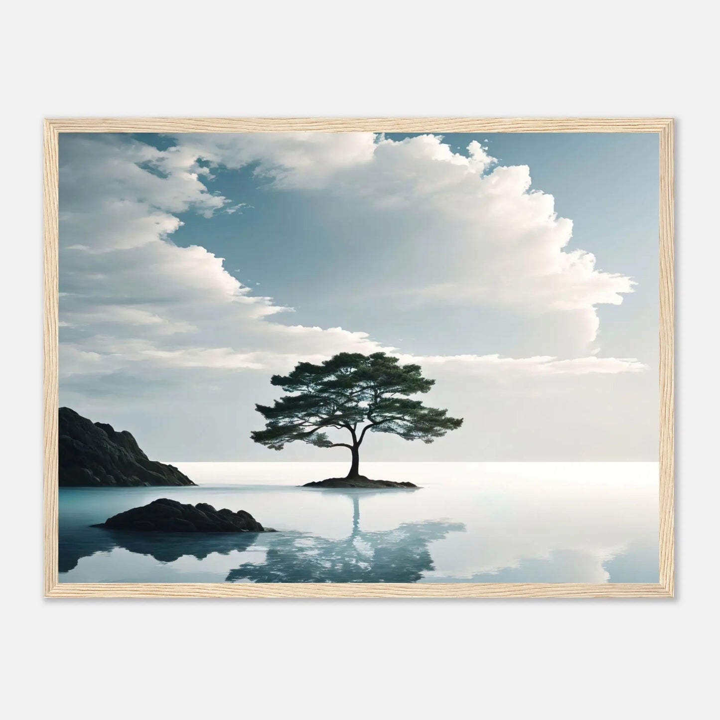 Gerahmtes Premium-Poster - Einsamer Baum - Foto Stil, KI-Kunst, Surreale Landschaften, 45x60-cm-18x24-Holzrahmen - RolConArt