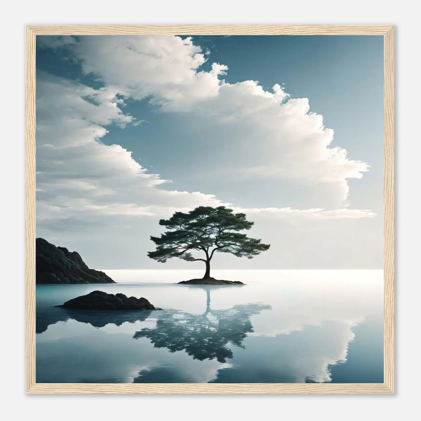 Gerahmtes Premium-Poster - Einsamer Baum - Foto Stil, KI-Kunst, Surreale Landschaften, 50x50-cm-20x20-Holzrahmen - RolConArt