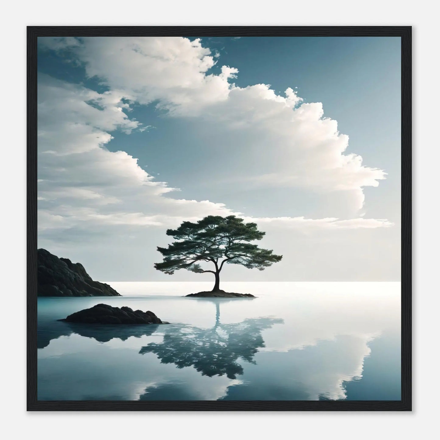 Gerahmtes Premium-Poster - Einsamer Baum - Foto Stil, KI-Kunst, Surreale Landschaften, 50x50-cm-20x20-Schwarzer-Rahmen - RolConArt