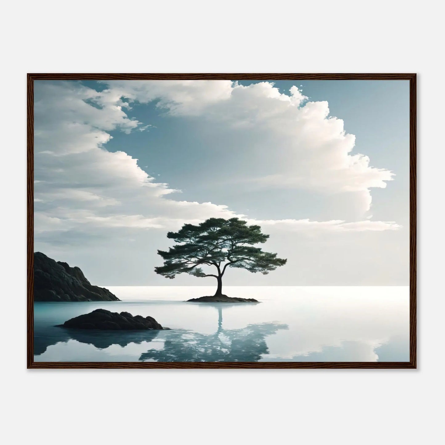 Gerahmtes Premium-Poster - Einsamer Baum - Foto Stil, KI-Kunst, Surreale Landschaften, 60x80-cm-24x32-Dunkler-Holzrahmen - RolConArt