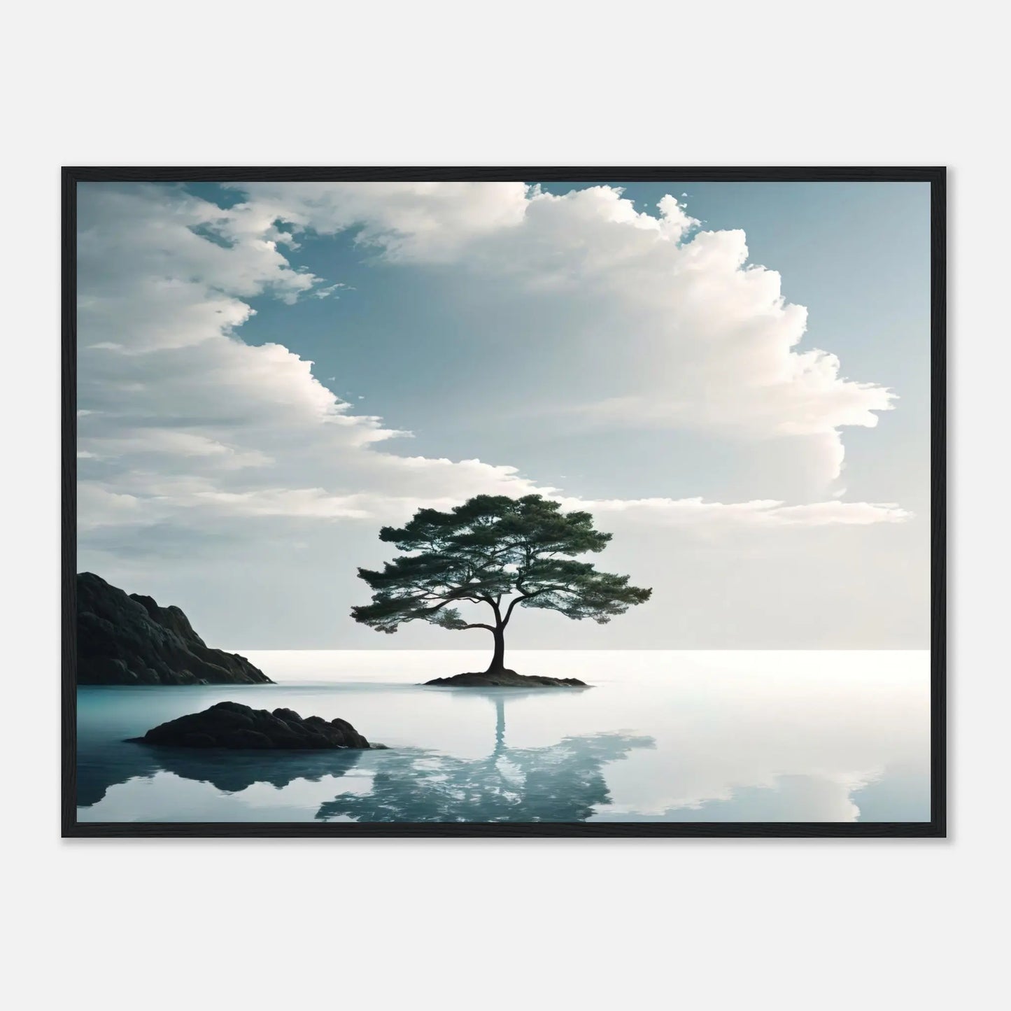 Gerahmtes Premium-Poster - Einsamer Baum - Foto Stil, KI-Kunst, Surreale Landschaften, 60x80-cm-24x32-Schwarzer-Rahmen - RolConArt