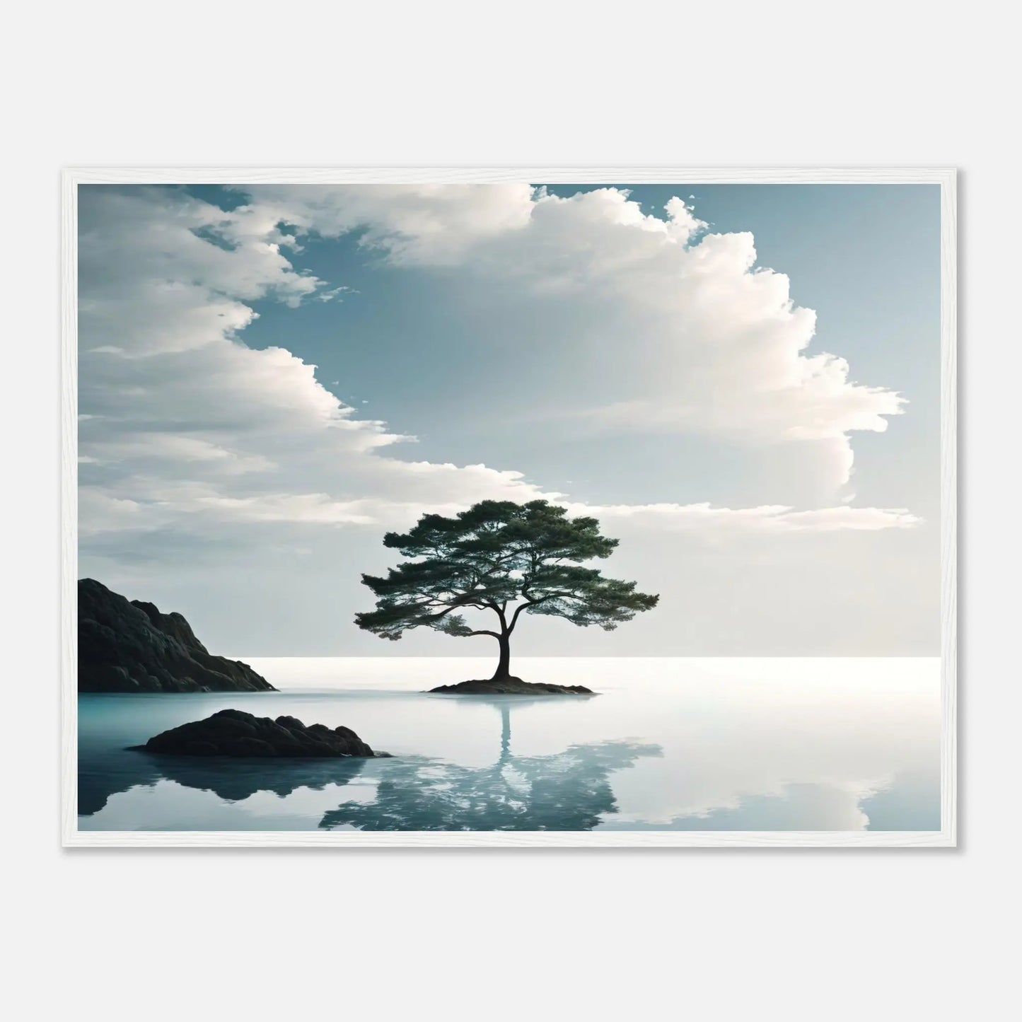 Gerahmtes Premium-Poster - Einsamer Baum - Foto Stil, KI-Kunst, Surreale Landschaften, 60x80-cm-24x32-Weißer-Rahmen - RolConArt