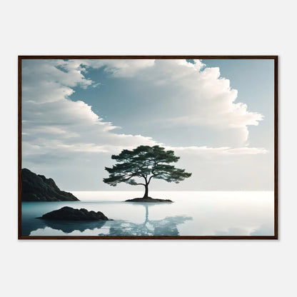 Gerahmtes Premium-Poster - Einsamer Baum - Foto Stil, KI-Kunst, Surreale Landschaften, 70x100-cm-28x40-Dunkler-Holzrahmen - RolConArt