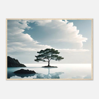 Gerahmtes Premium-Poster - Einsamer Baum - Foto Stil, KI-Kunst, Surreale Landschaften, 70x100-cm-28x40-Holzrahmen - RolConArt