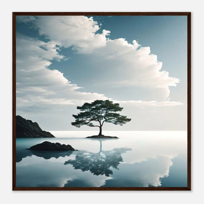 Gerahmtes Premium-Poster - Einsamer Baum - Foto Stil, KI-Kunst, Surreale Landschaften, 70x70-cm-28x28-Dunkler-Holzrahmen - RolConArt