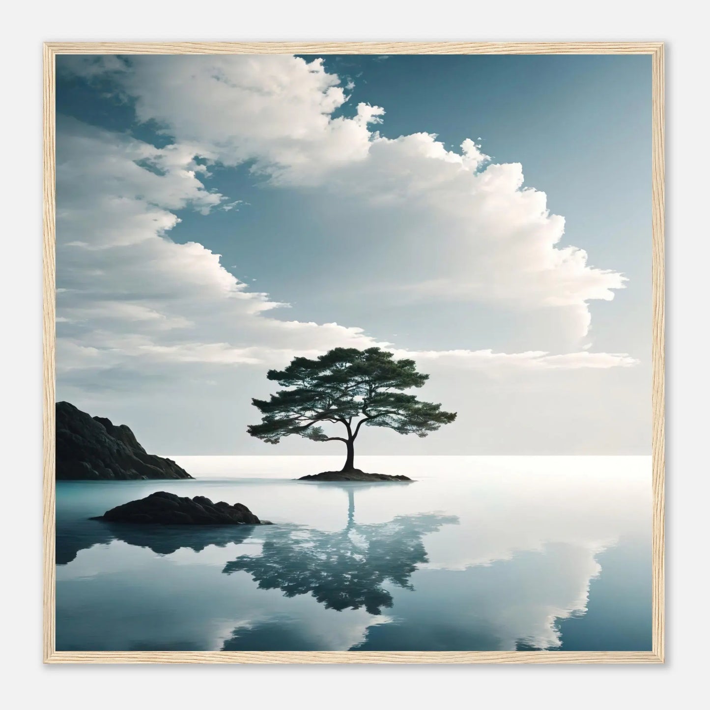 Gerahmtes Premium-Poster - Einsamer Baum - Foto Stil, KI-Kunst, Surreale Landschaften, 70x70-cm-28x28-Holzrahmen - RolConArt