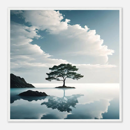 Gerahmtes Premium-Poster - Einsamer Baum - Foto Stil, KI-Kunst, Surreale Landschaften, 70x70-cm-28x28-Weißer-Rahmen - RolConArt