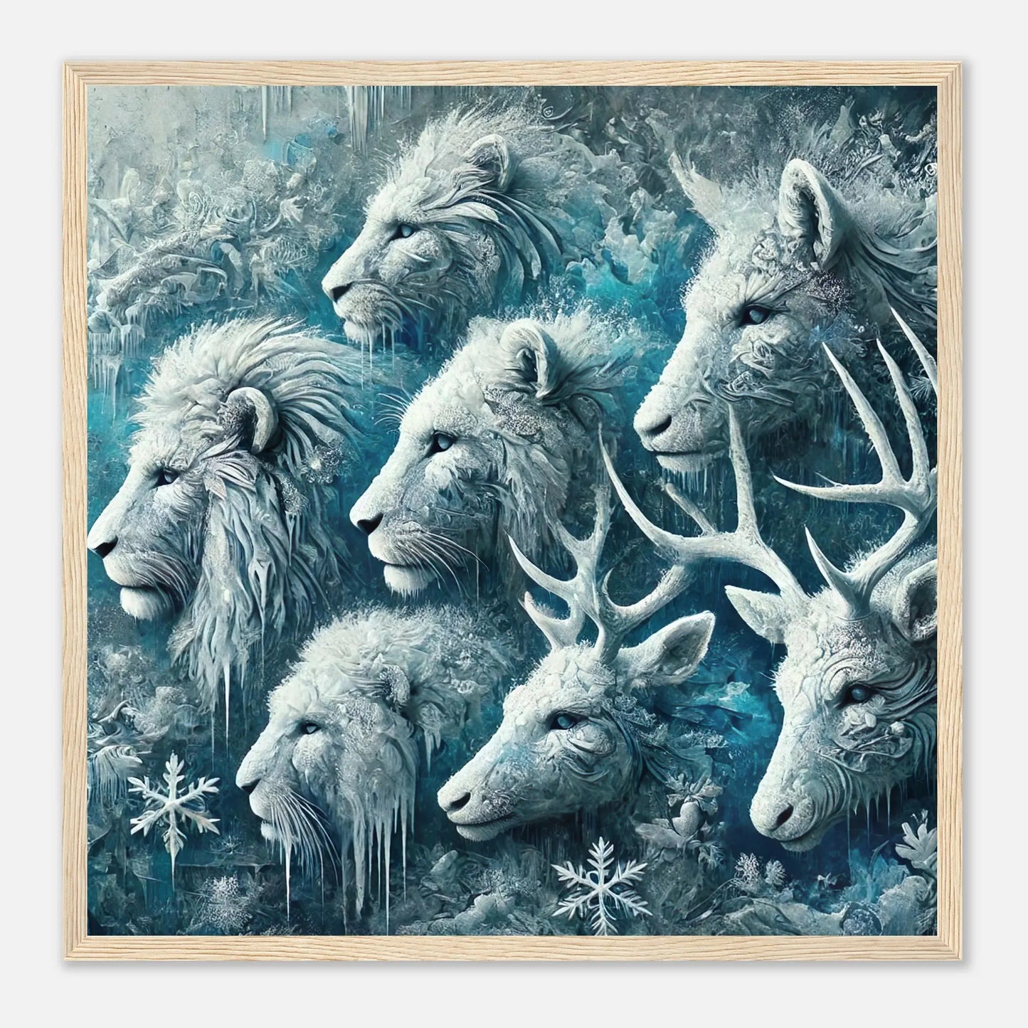 Gerahmtes Premium-Poster - Frostige Tierwelt - Digitaler Stil, KI-Kunst, Tiere - Kreative Vielfalt, 50x50-cm-20x20-Holzrahmen - RolConArt