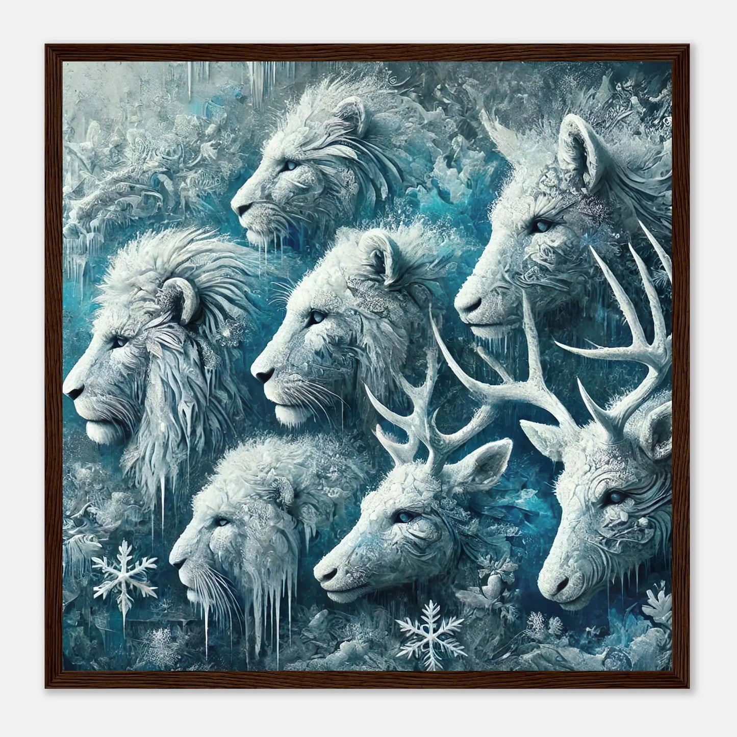 Gerahmtes Premium-Poster - Frostige Tierwelt - Digitaler Stil, KI-Kunst, Tiere - Kreative Vielfalt, 50x50-cm-20x20-Rahmen-aus-dunklem-Holz - RolConArt