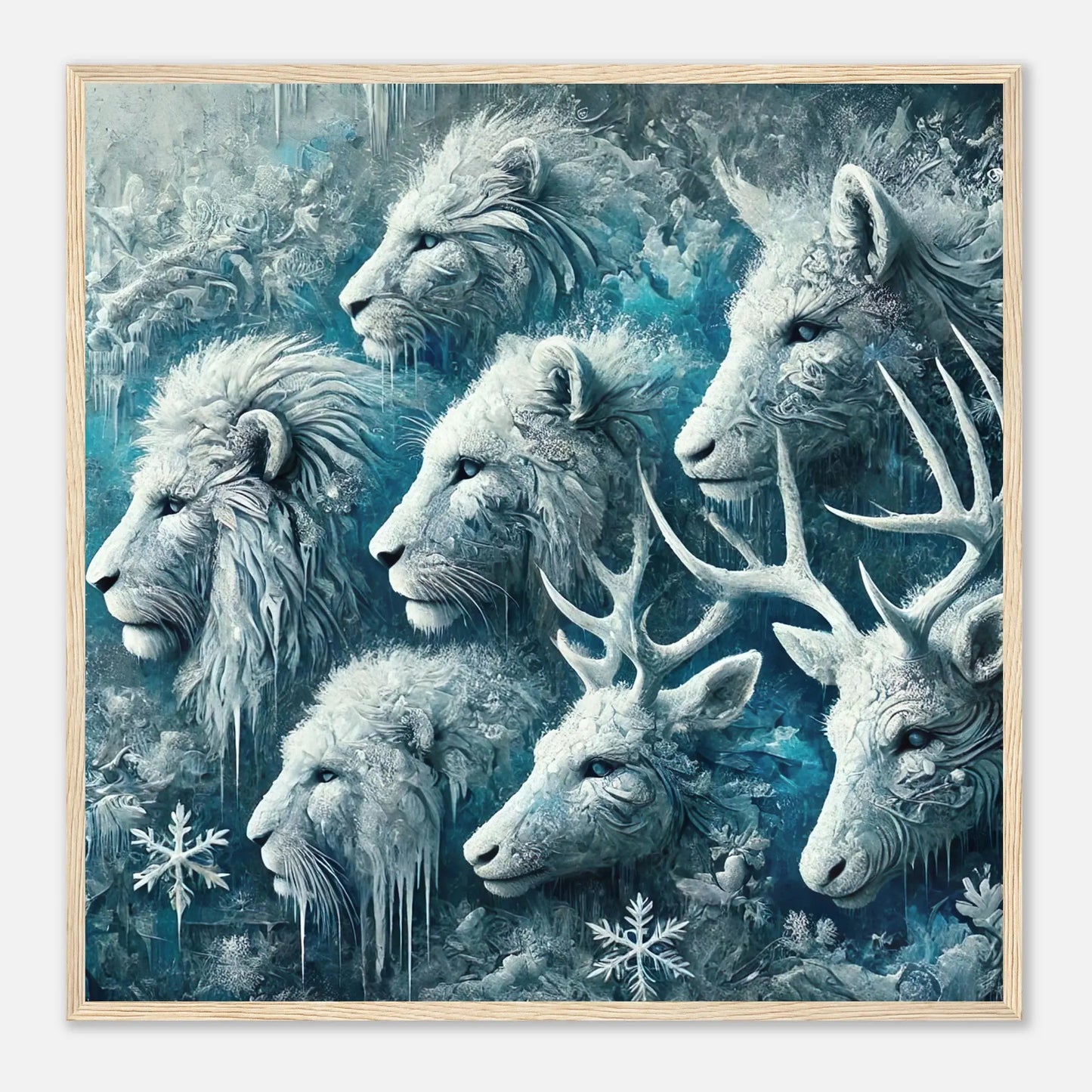 Gerahmtes Premium-Poster - Frostige Tierwelt - Digitaler Stil, KI-Kunst, Tiere - Kreative Vielfalt, 70x70-cm-28x28-Holzrahmen - RolConArt