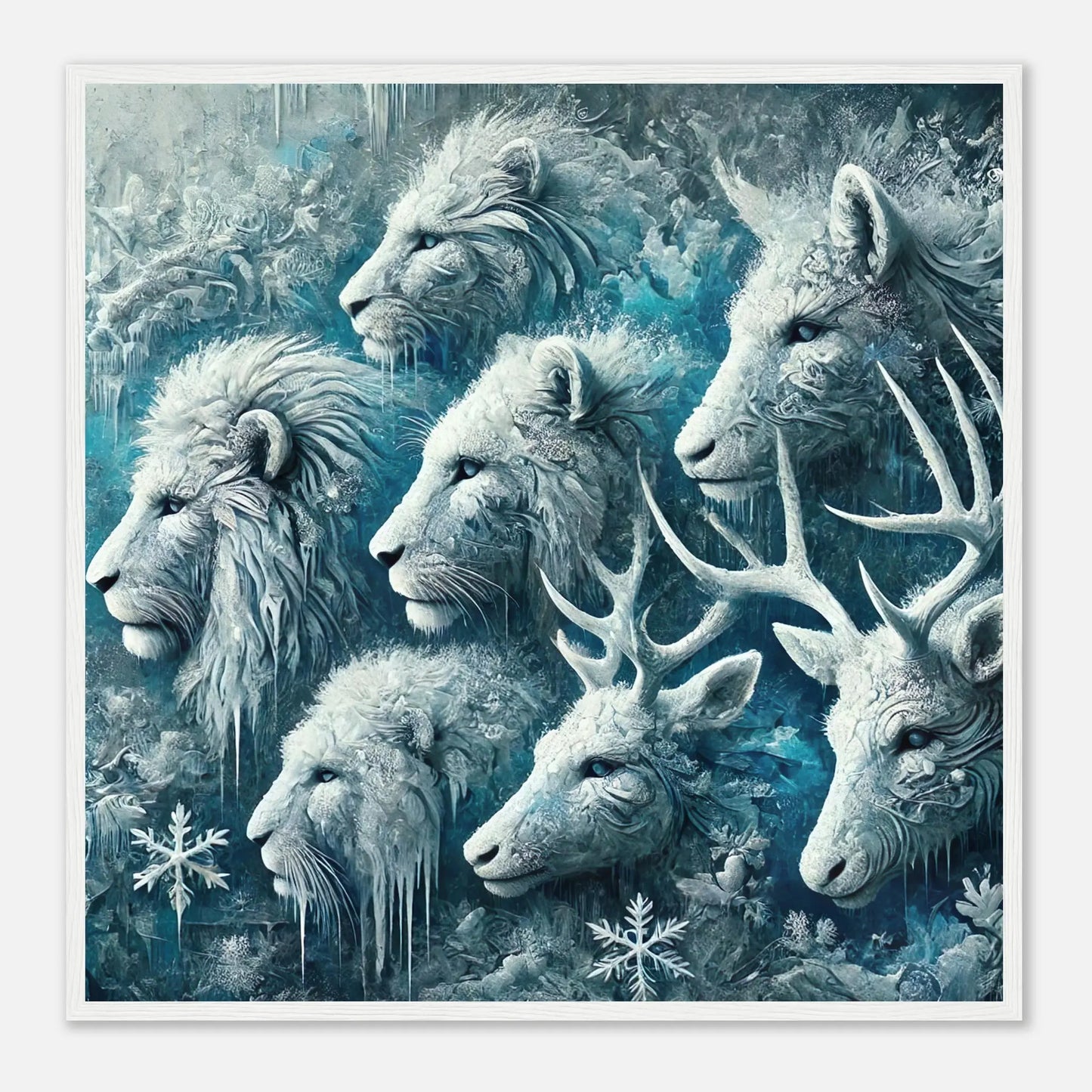 Gerahmtes Premium-Poster - Frostige Tierwelt - Digitaler Stil, KI-Kunst, Tiere - Kreative Vielfalt, 70x70-cm-28x28-Weißer-Rahmen - RolConArt