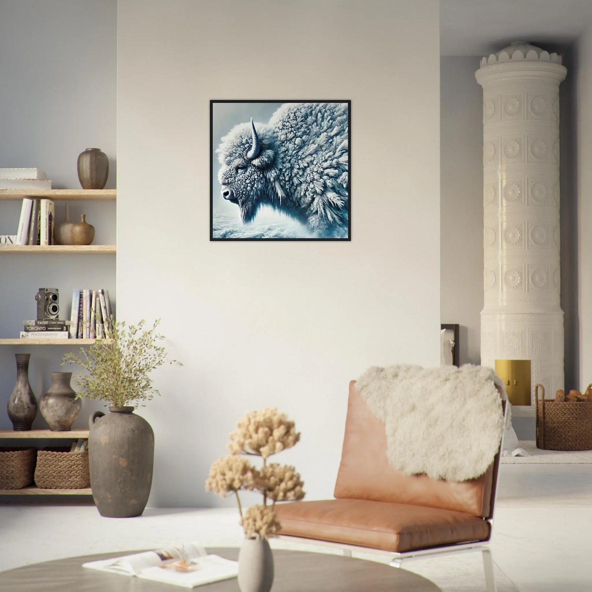 Gerahmtes Premium-Poster - Frostiger Bison - Foto Stil, KI-Kunst, Tiere - Kreative Vielfalt,  - RolConArt