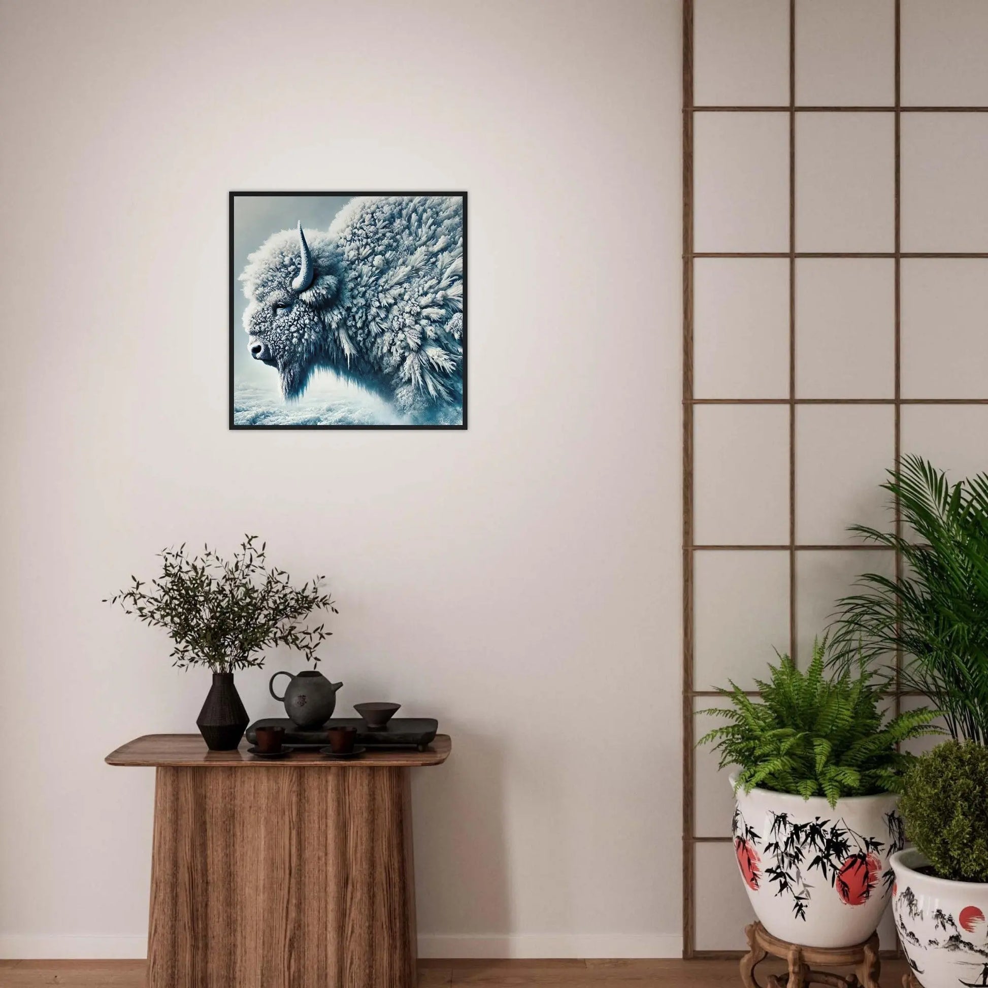 Gerahmtes Premium-Poster - Frostiger Bison - Foto Stil, KI-Kunst, Tiere - Kreative Vielfalt,  - RolConArt