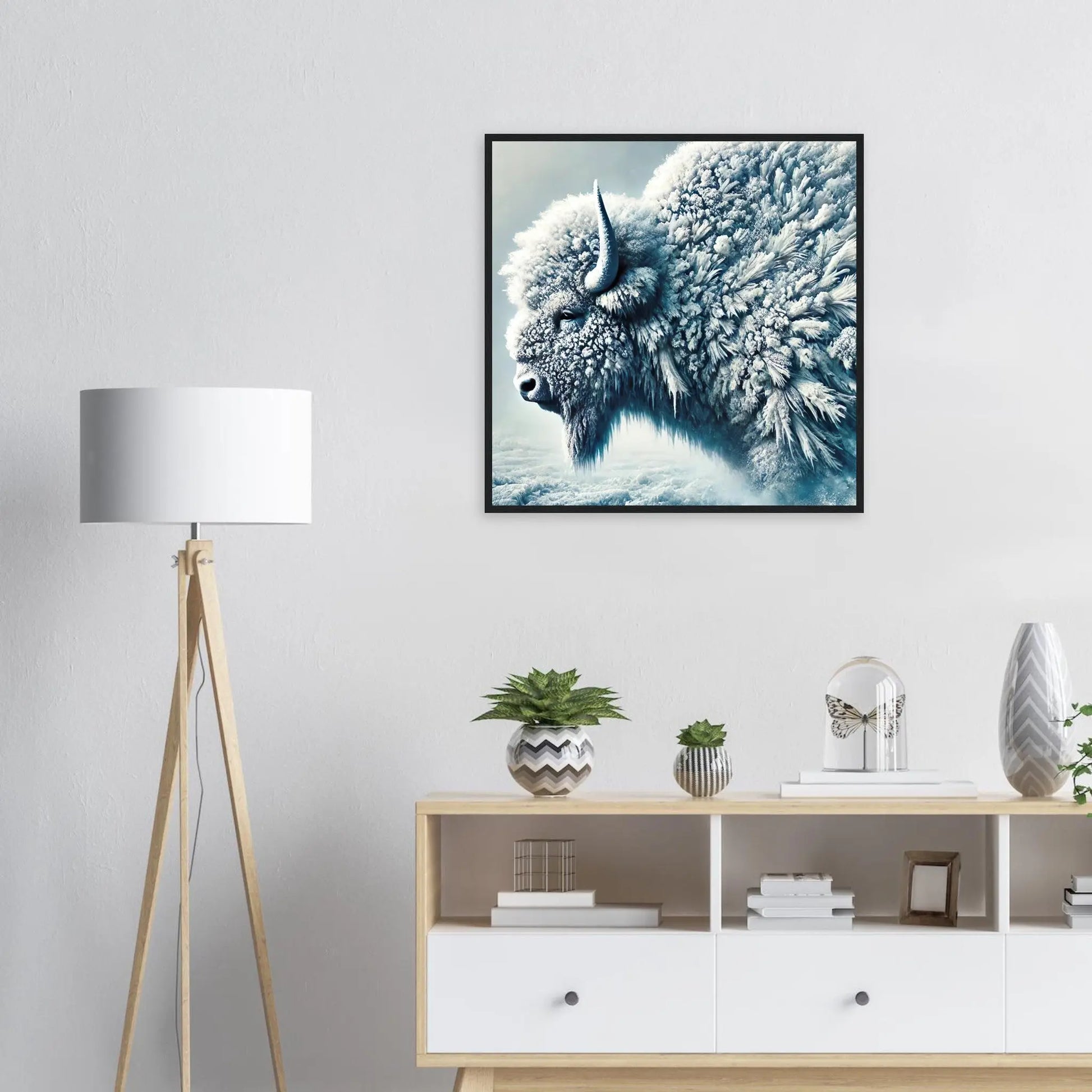 Gerahmtes Premium-Poster - Frostiger Bison - Foto Stil, KI-Kunst, Tiere - Kreative Vielfalt,  - RolConArt