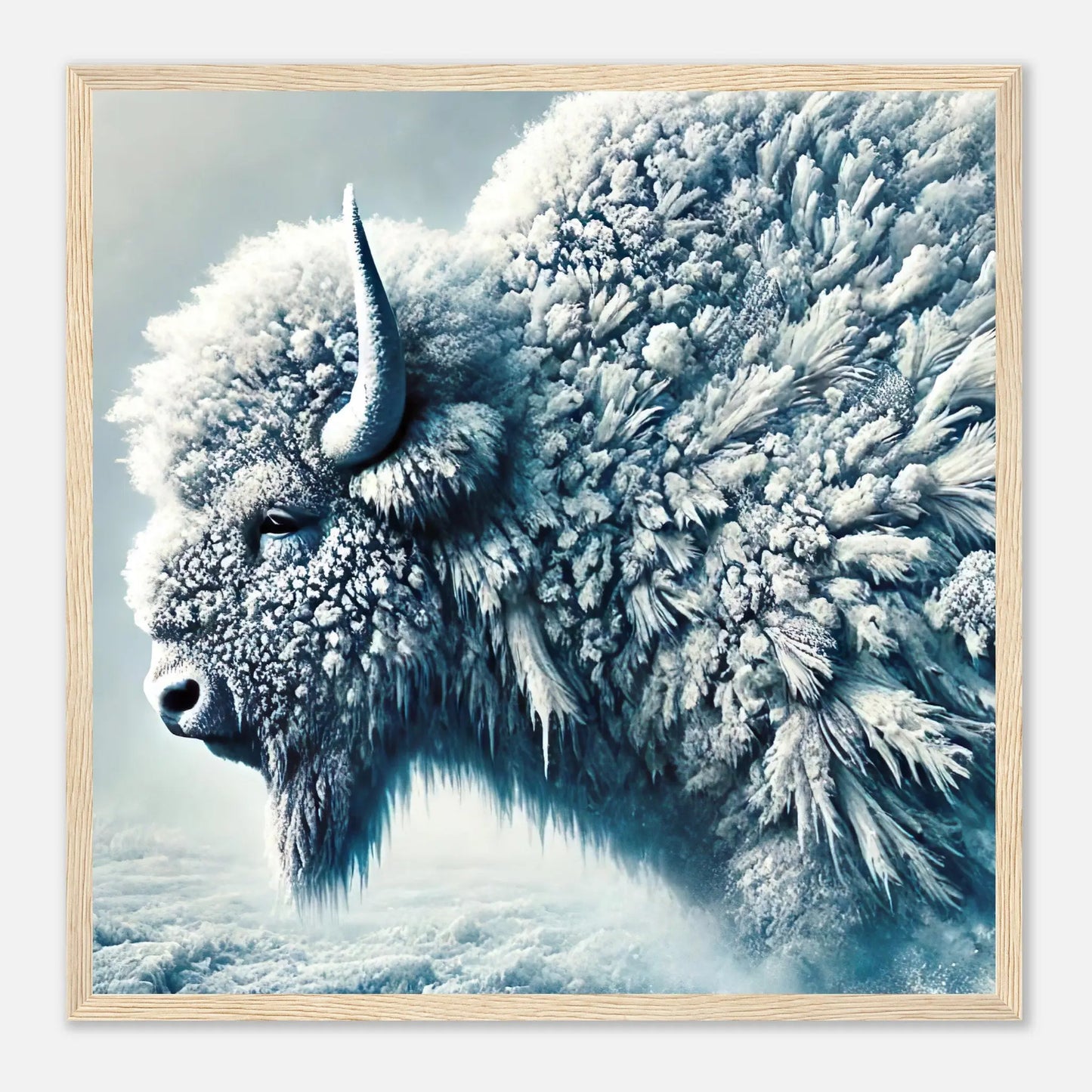 Gerahmtes Premium-Poster - Frostiger Bison - Foto Stil, KI-Kunst, Tiere - Kreative Vielfalt, 50x50-cm-20x20-Holzrahmen - RolConArt