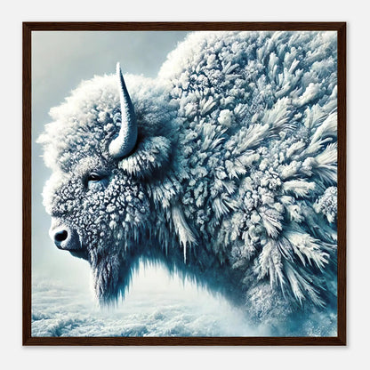 Gerahmtes Premium-Poster - Frostiger Bison - Foto Stil, KI-Kunst, Tiere - Kreative Vielfalt, 50x50-cm-20x20-Rahmen-aus-dunklem-Holz - RolConArt