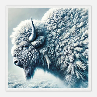 Gerahmtes Premium-Poster - Frostiger Bison - Foto Stil, KI-Kunst, Tiere - Kreative Vielfalt, 50x50-cm-20x20-Weißer-Rahmen - RolConArt