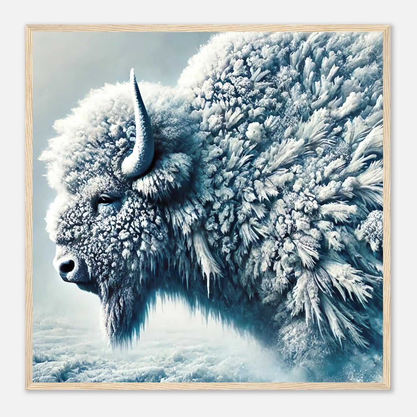 Gerahmtes Premium-Poster - Frostiger Bison - Foto Stil, KI-Kunst, Tiere - Kreative Vielfalt, 70x70-cm-28x28-Holzrahmen - RolConArt