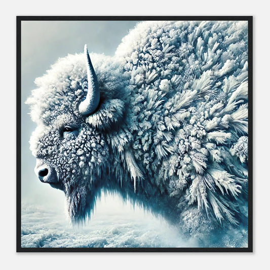 Gerahmtes Premium-Poster - Frostiger Bison - Foto Stil, KI-Kunst, Tiere - Kreative Vielfalt, 70x70-cm-28x28-Schwarzer-Rahmen - RolConArt