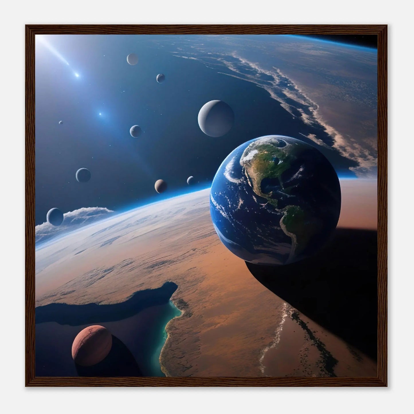 Gerahmtes Premium-Poster - Galaktische Harmonie - 3D-Stil, KI-Kunst, Sci-Fi, 50x50-cm-20x20-Dunkler-Holzrahmen - RolConArt