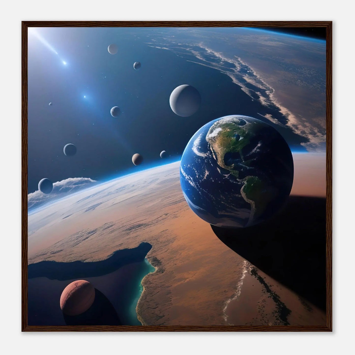 Gerahmtes Premium-Poster - Galaktische Harmonie - 3D-Stil, KI-Kunst, Sci-Fi, 70x70-cm-28x28-Dunkler-Holzrahmen - RolConArt