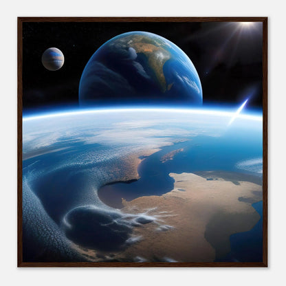 Gerahmtes Premium-Poster - Jenseits des Horizonts - 3D-Stil, KI-Kunst, Sci-Fi, 70x70-cm-28x28-Dunkler-Holzrahmen - RolConArt