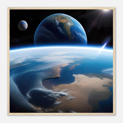 Gerahmtes Premium-Poster - Jenseits des Horizonts - 3D-Stil, KI-Kunst, Sci-Fi, 70x70-cm-28x28-Holzrahmen - RolConArt