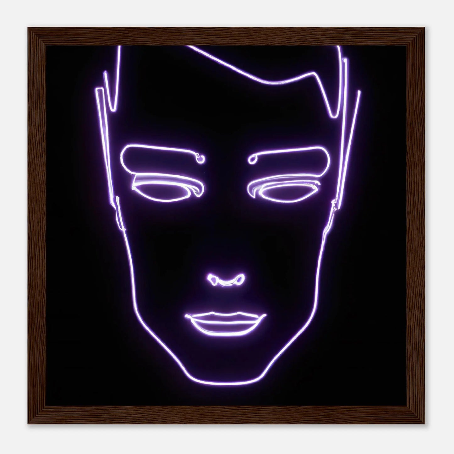 Gerahmtes Premium-Poster - Männliches Gesicht - Neon Stil, KI-Kunst, Neon, 30x30-cm-12x12-Dunkles-Holz - RolConArt