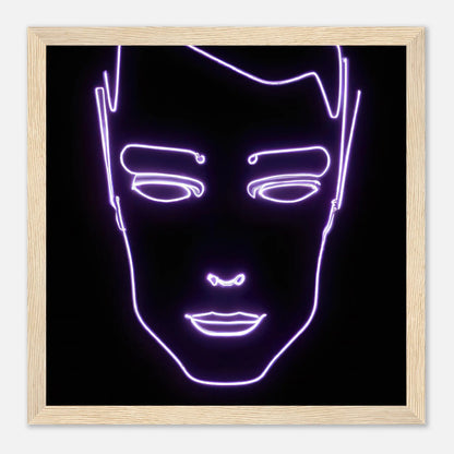 Gerahmtes Premium-Poster - Männliches Gesicht - Neon Stil, KI-Kunst, Neon, 30x30-cm-12x12-Holz - RolConArt