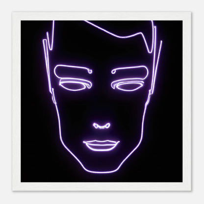 Gerahmtes Premium-Poster - Männliches Gesicht - Neon Stil, KI-Kunst, Neon, 30x30-cm-12x12-Weiß - RolConArt