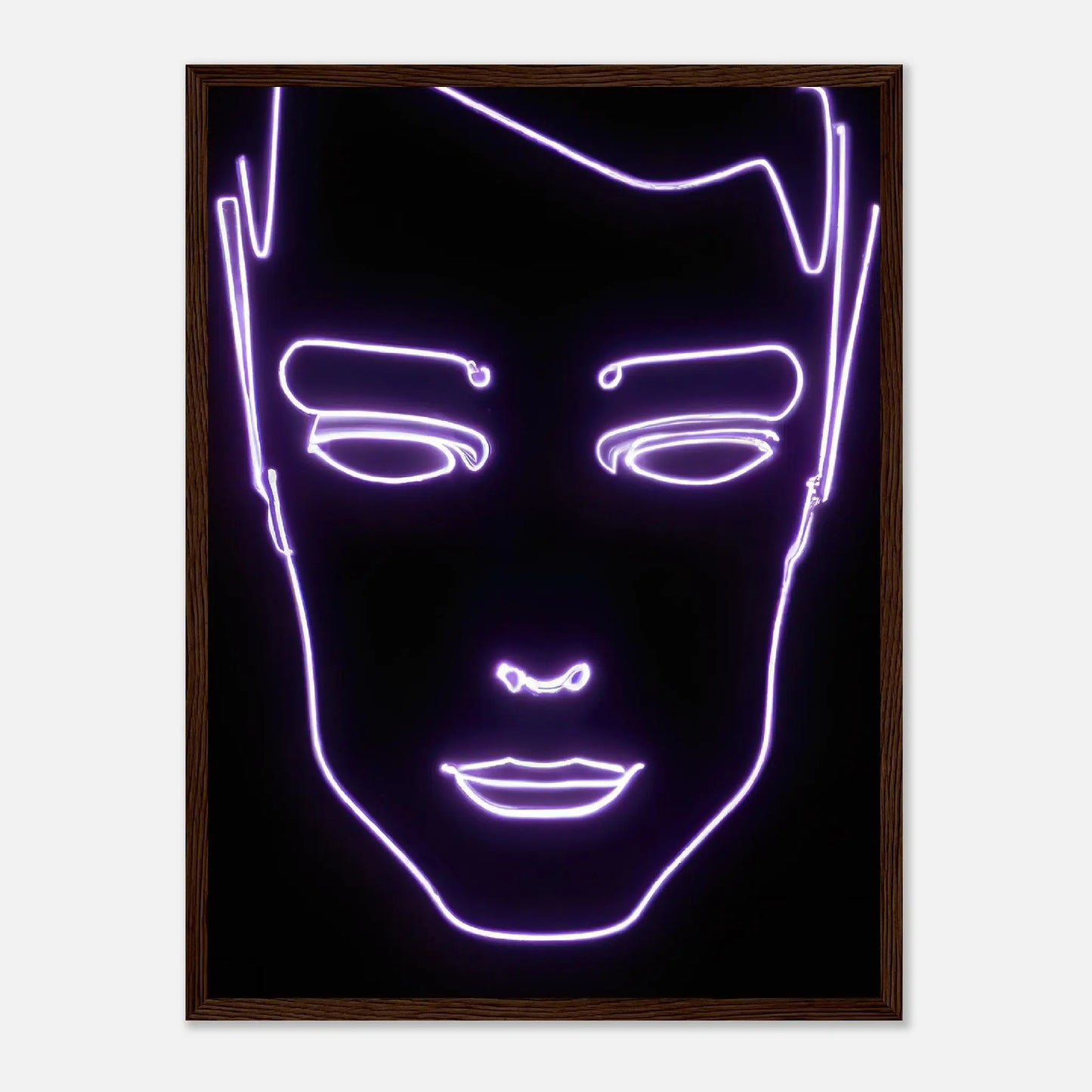 Gerahmtes Premium-Poster - Männliches Gesicht - Neon Stil, KI-Kunst, Neon, 45x60-cm-18x24-Dunkles-Holz - RolConArt