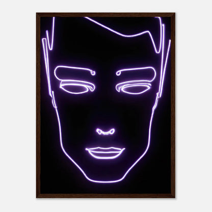 Gerahmtes Premium-Poster - Männliches Gesicht - Neon Stil, KI-Kunst, Neon, 45x60-cm-18x24-Dunkles-Holz - RolConArt