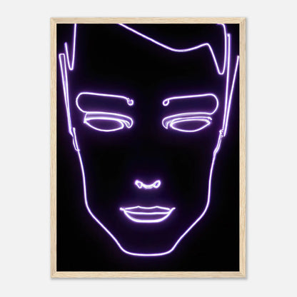 Gerahmtes Premium-Poster - Männliches Gesicht - Neon Stil, KI-Kunst, Neon, 45x60-cm-18x24-Holz - RolConArt