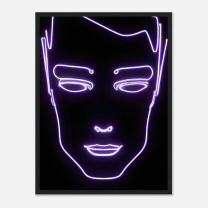 Gerahmtes Premium-Poster - Männliches Gesicht - Neon Stil, KI-Kunst, Neon, 45x60-cm-18x24-Schwarz - RolConArt