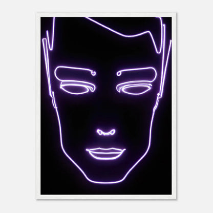 Gerahmtes Premium-Poster - Männliches Gesicht - Neon Stil, KI-Kunst, Neon, 45x60-cm-18x24-Weiß - RolConArt